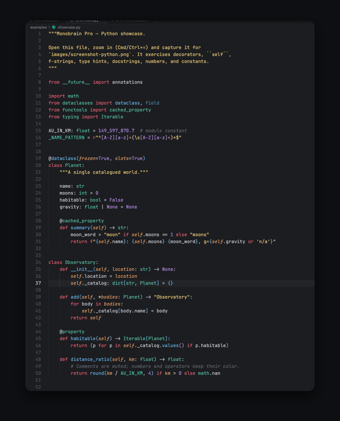 Monobrain Pro rendering a Python file with semantic highlighting from the language server