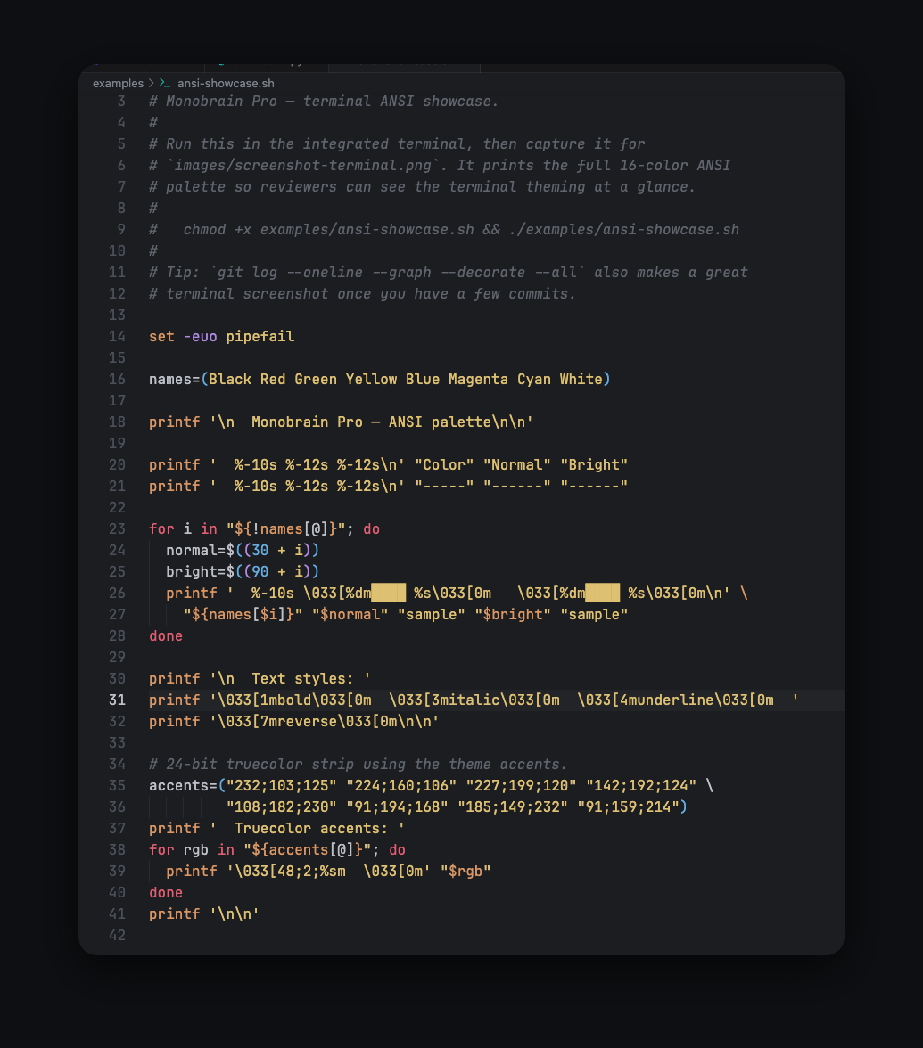 Integrated terminal in Monobrain Pro with all 16 ANSI colors matched to the editor palette