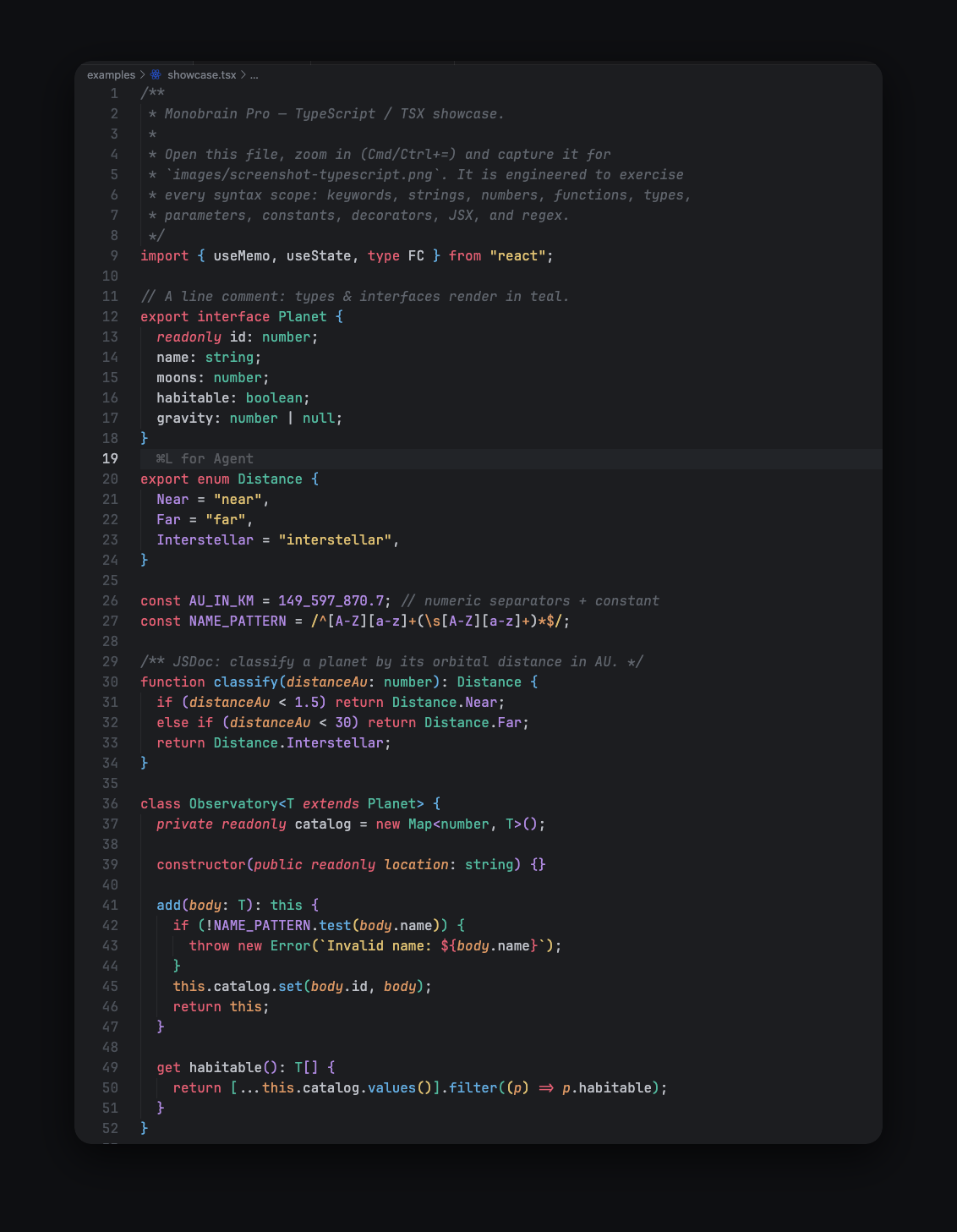 Monobrain Pro rendering a TypeScript file: near-black monochrome workbench with vivid, role-coded syntax colors